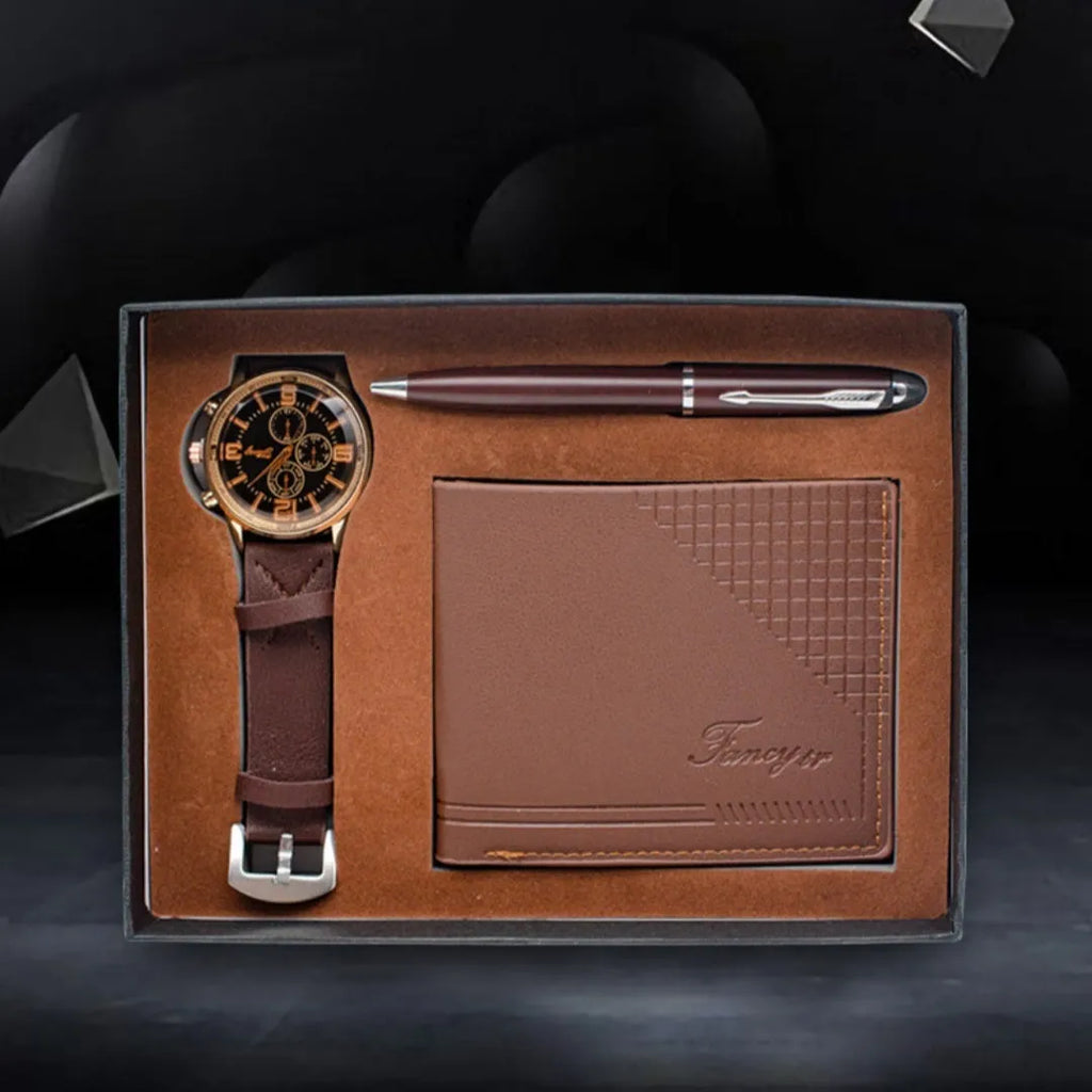 4-piece business gift set containing watch wallet and pen in brown or black gift box