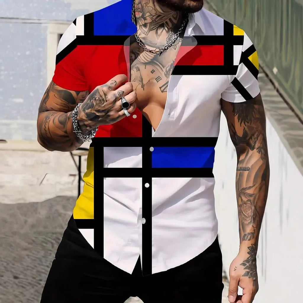 Men's geometric line print short sleeve shirt in slim fit with lapel collar