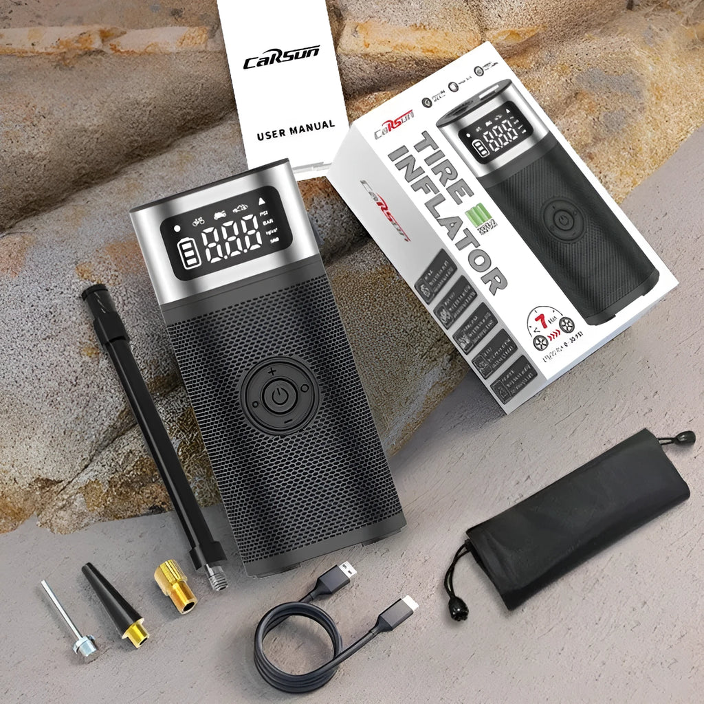 Black portable wireless air pump with 15cm tube, LED light, and multiple inflation nozzles