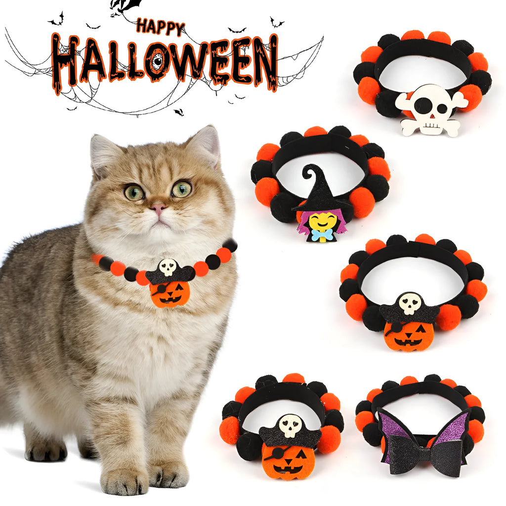 Halloween pet collar with fur ball decorations in various Halloween designs for dogs and cats
