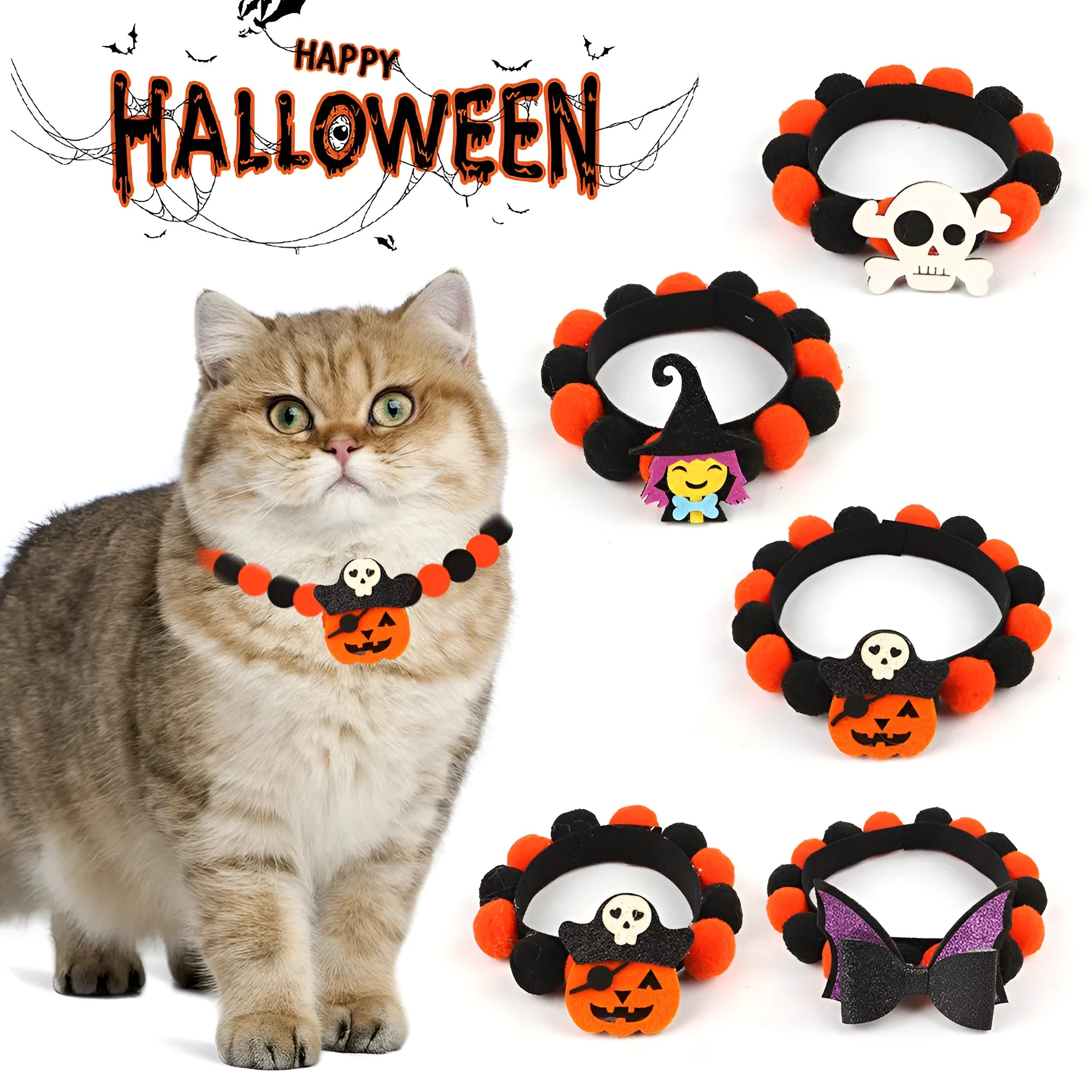 Halloween pet collar with fur ball decorations in various Halloween designs for dogs and cats