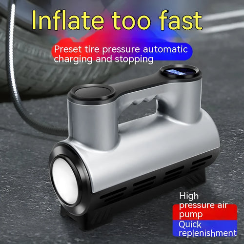 12V portable car air pump with digital display, ABS body, and multiple air nozzles for tyres