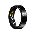 Black ceramic smart ring for health monitoring, shown with a charging case on a grey background.