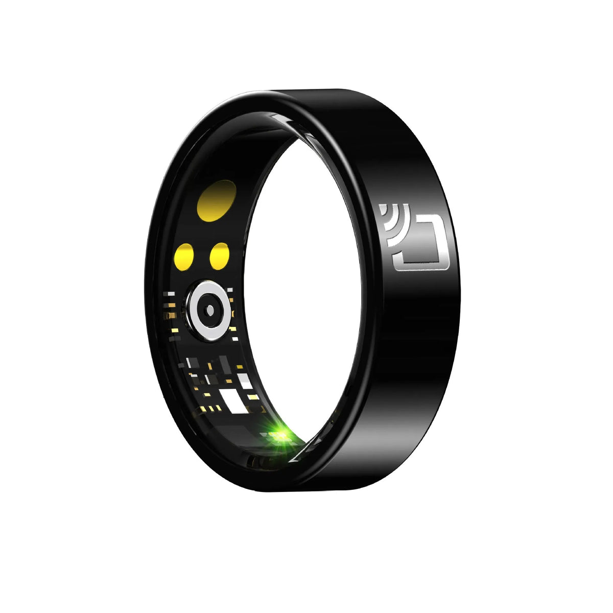 Black ceramic smart ring for health monitoring, shown with a charging case on a grey background.