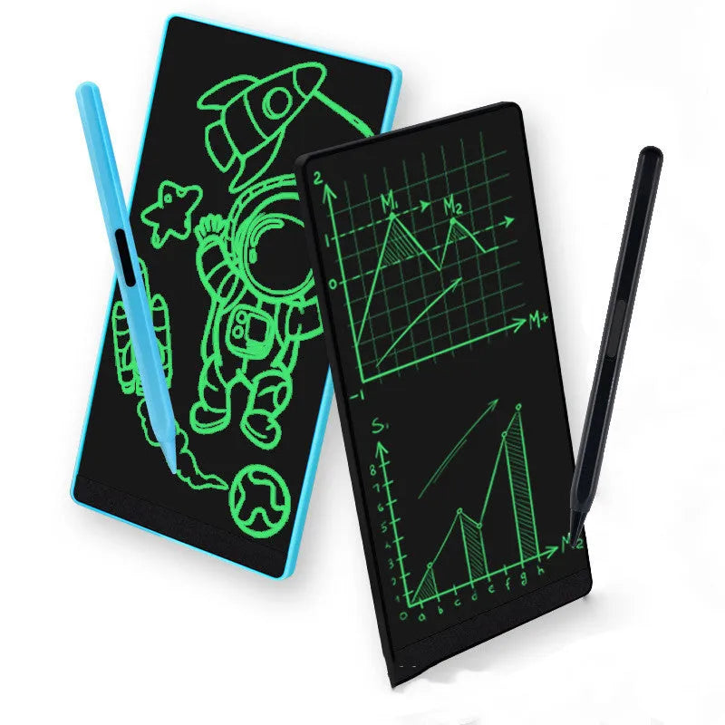 Blue LCD handwriting board with 6.5-inch screen and stylus for student arithmetic practice