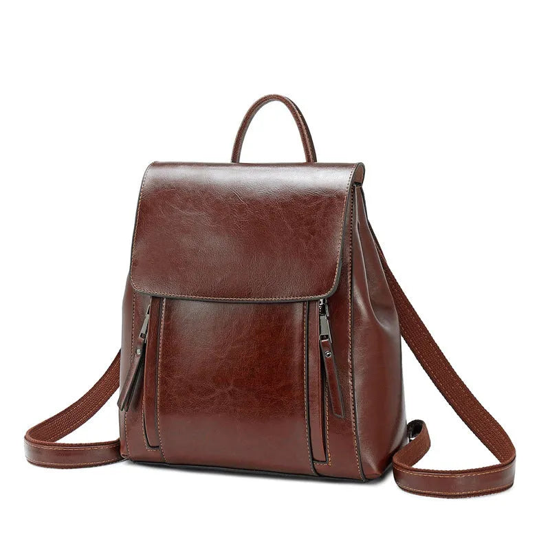 Genuine leather women's backpack in large square design with multiple internal compartments