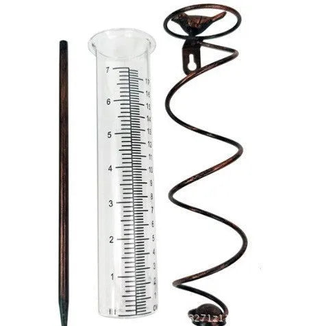 Cast iron bird design rain gauge with glass measurement tube for garden rainfall monitoring