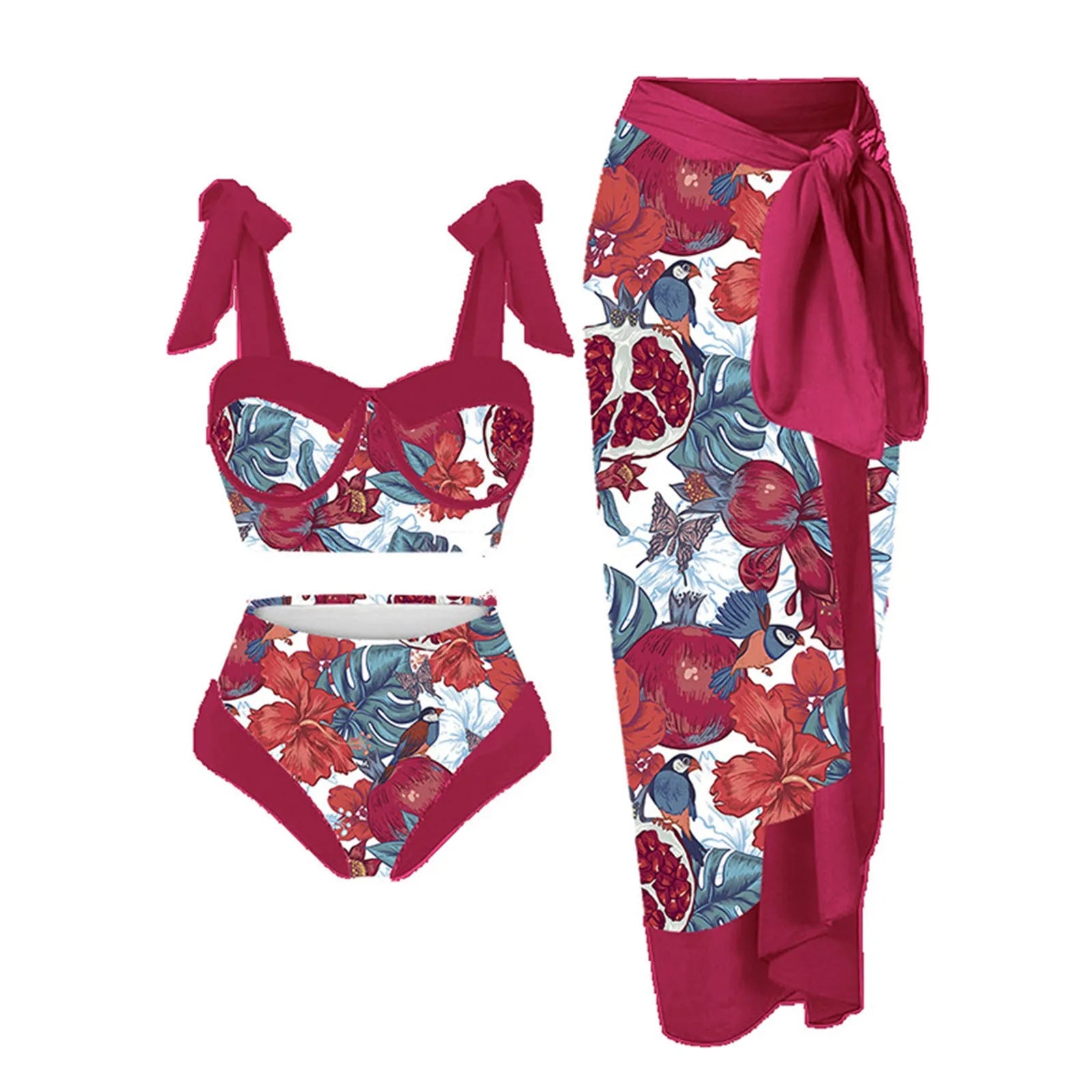 Women's printing pattern three-piece swimsuit set in polyester with skirt, bra and panties