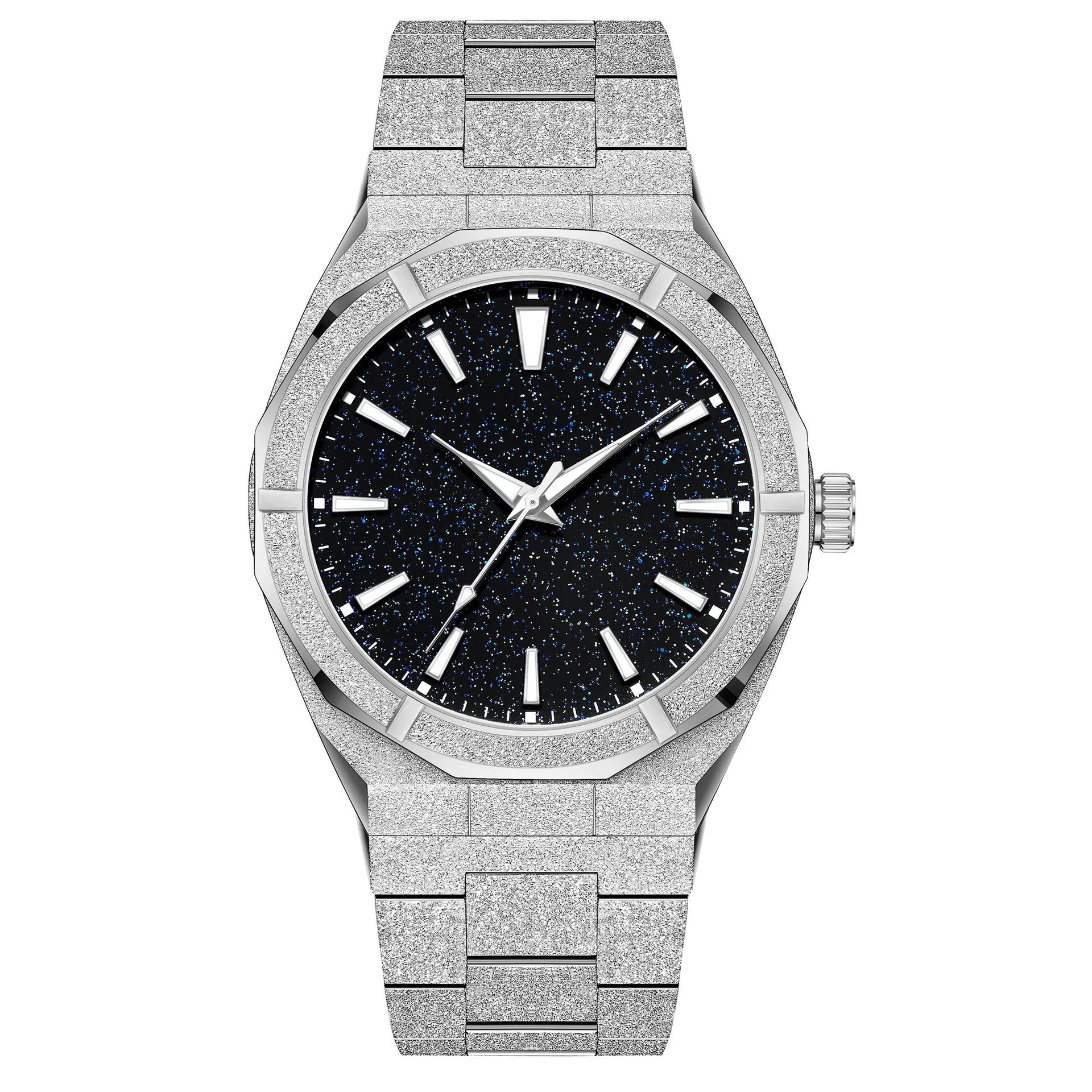 Men's business watch with frosted stainless steel finish and luminous markers on black background