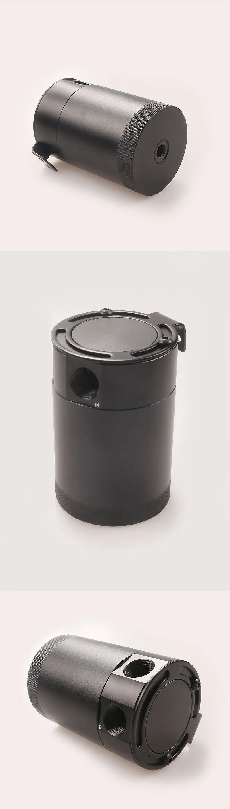 Aluminium automotive oil breather pot with two mounting holes in black and silver colour options