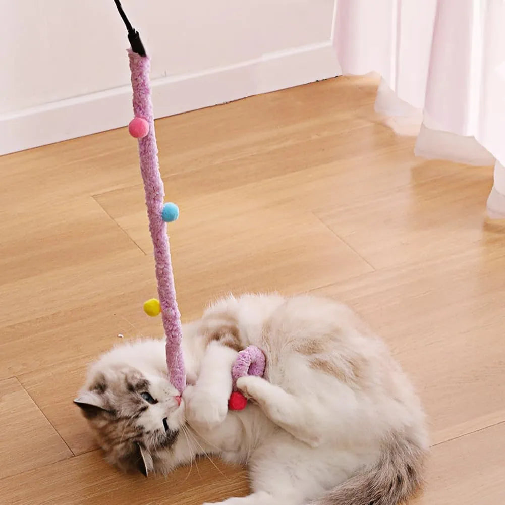 Cat wand toy with colourful plush strip, fluffy ball, and bells on a 41cm pole