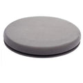 Round, grey rotating car seat cushion for elderly passenger assistance on a car seat.