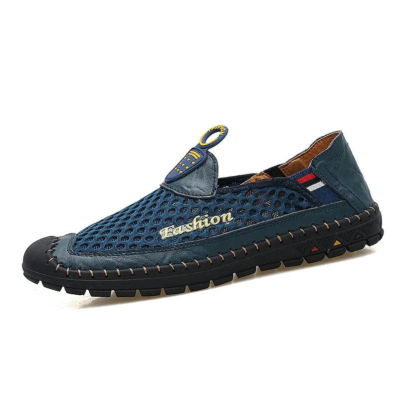 Men's brown mesh casual shoes with round toe and rubber sole on a white background.