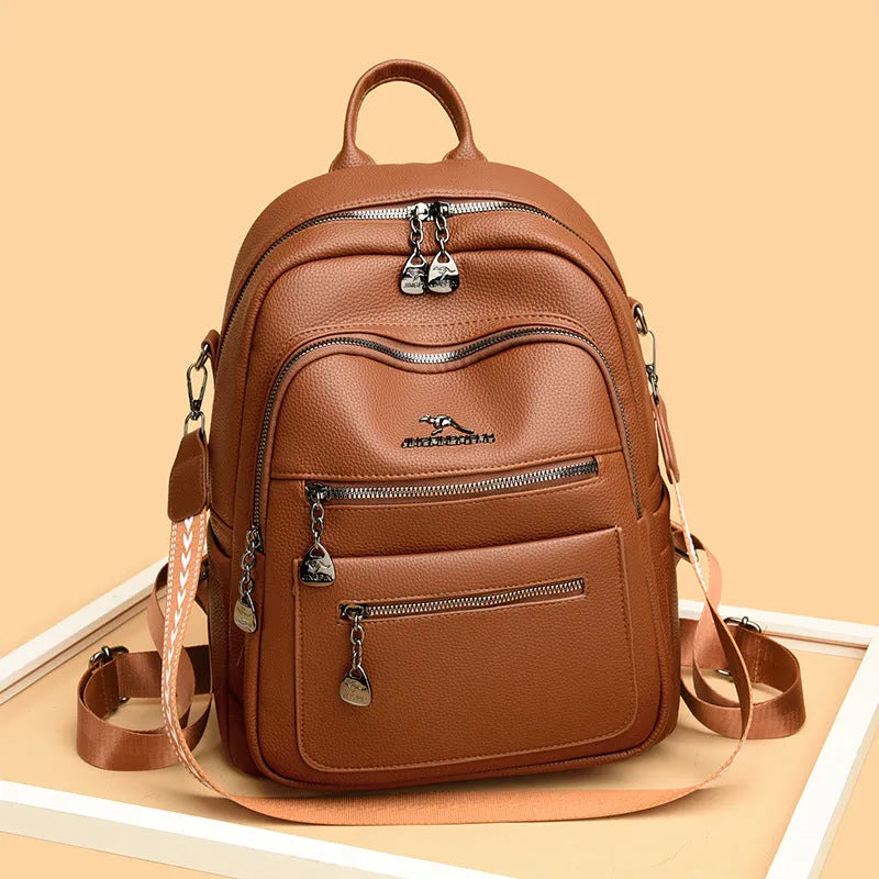 Genuine leather commuting backpack with flap pocket, black yellow beige options, water-resistant multi-pocket design