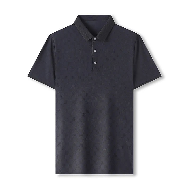 Men's black rhombus pattern short sleeve T-shirt with a slit hem, made from thin Chemical Fiber blend fabric.