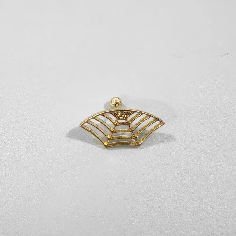 Geometric spider web design stud earrings in gold and silver electroplated metal.