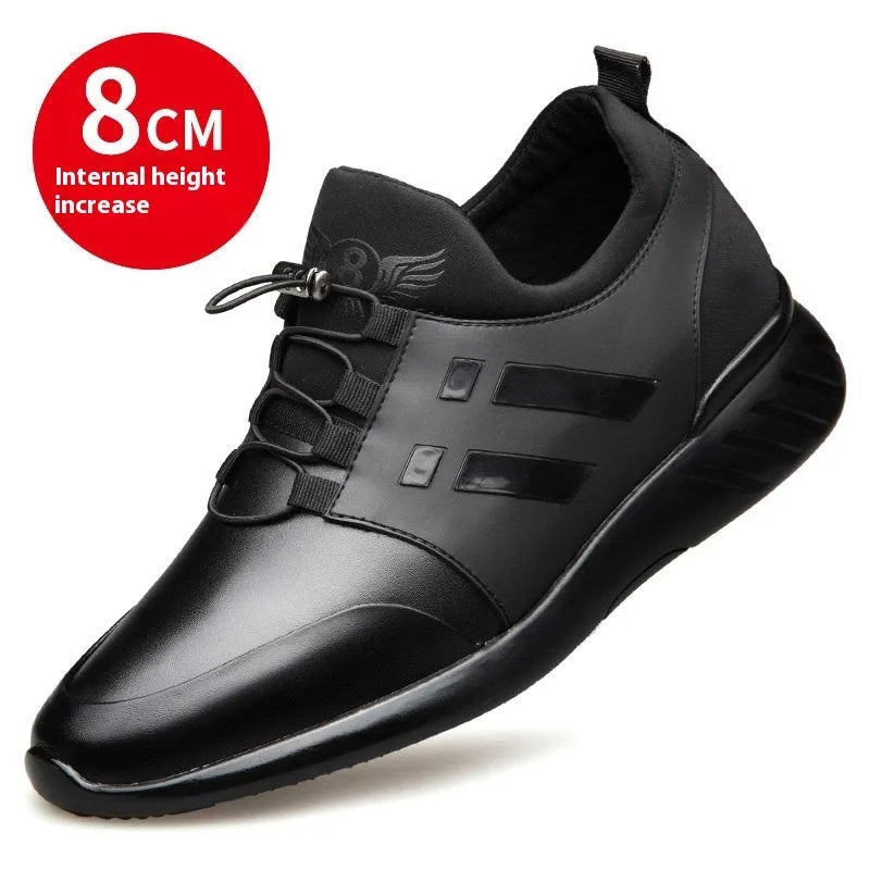 Men's black height increasing shoes with internal 8cm lift in leather, Lycra or mesh upper options
