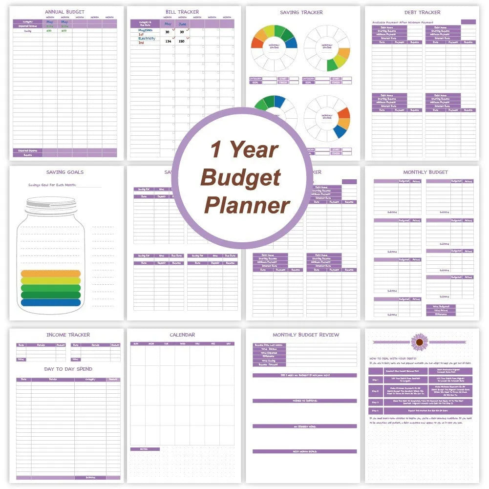 J12 purple coil-bound budget notebook with pen, sticker sheets, and paper clips for financial planning.