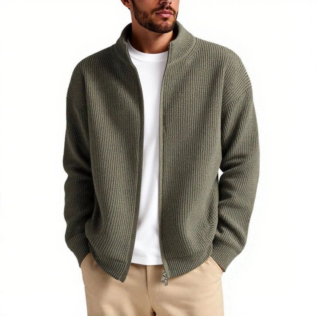 Men's loose fit cardigan sweater in acrylic blend fabric shown in beige colour