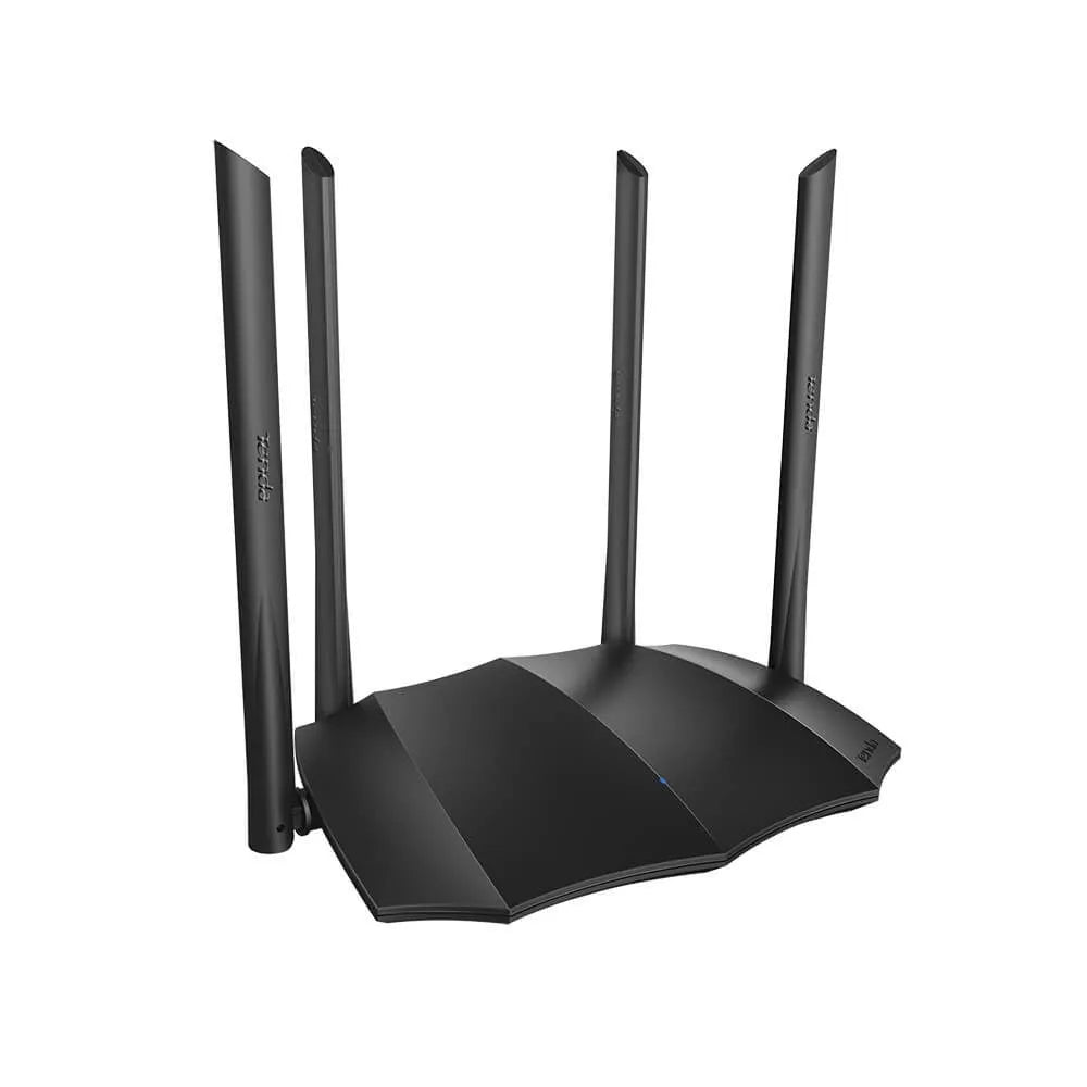AC8 dual-band wireless gigabit router with compact black design on a desk.