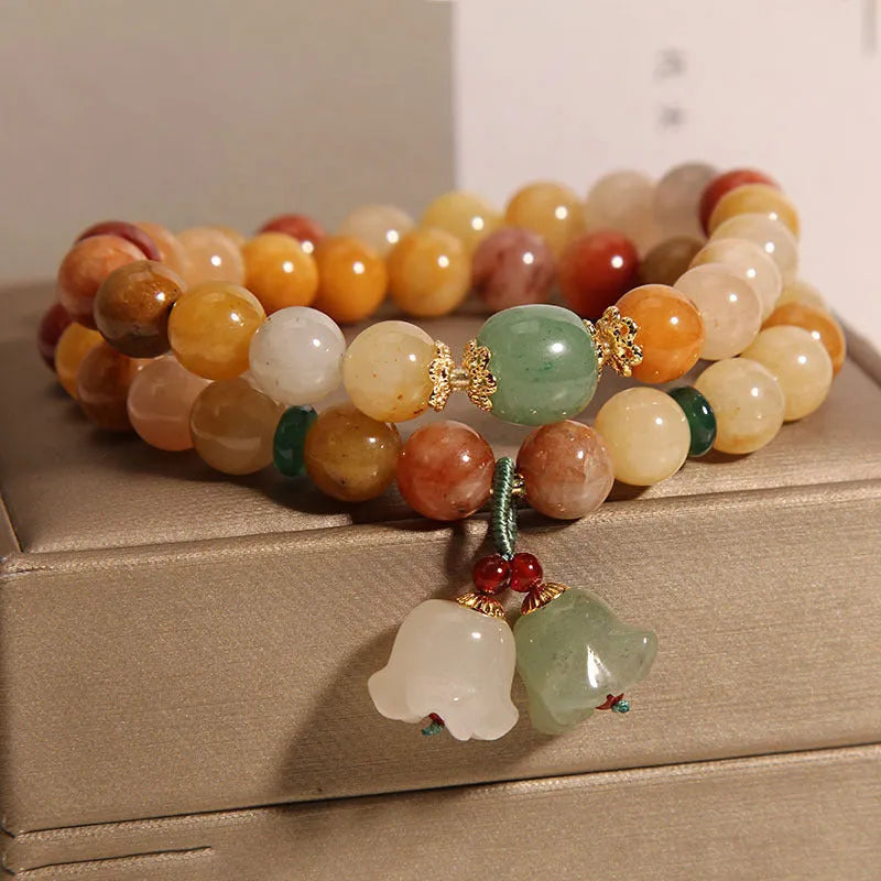 Women's natural jinsi jade multi-layer bracelet with orchid pendant on adjustable fastening