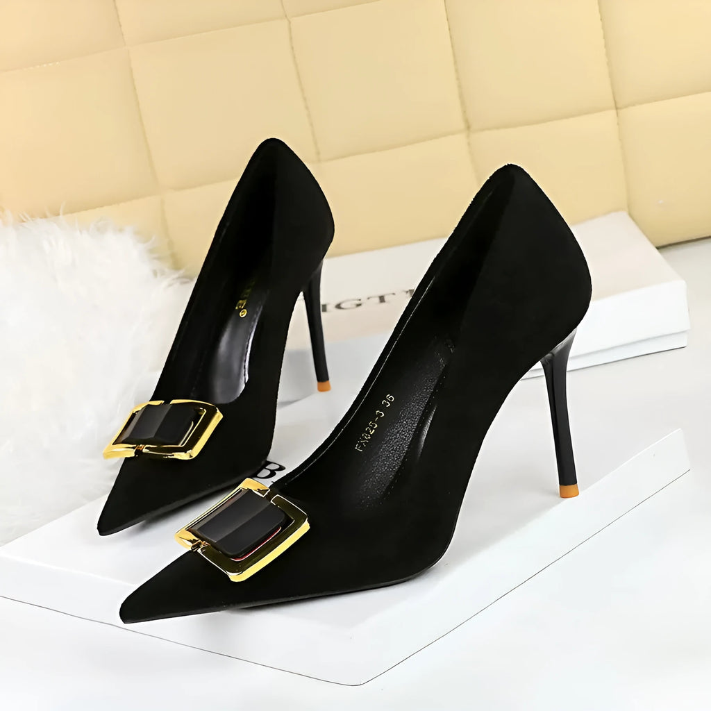 Black suede women's stiletto high heels with 9cm heel and pointed toe