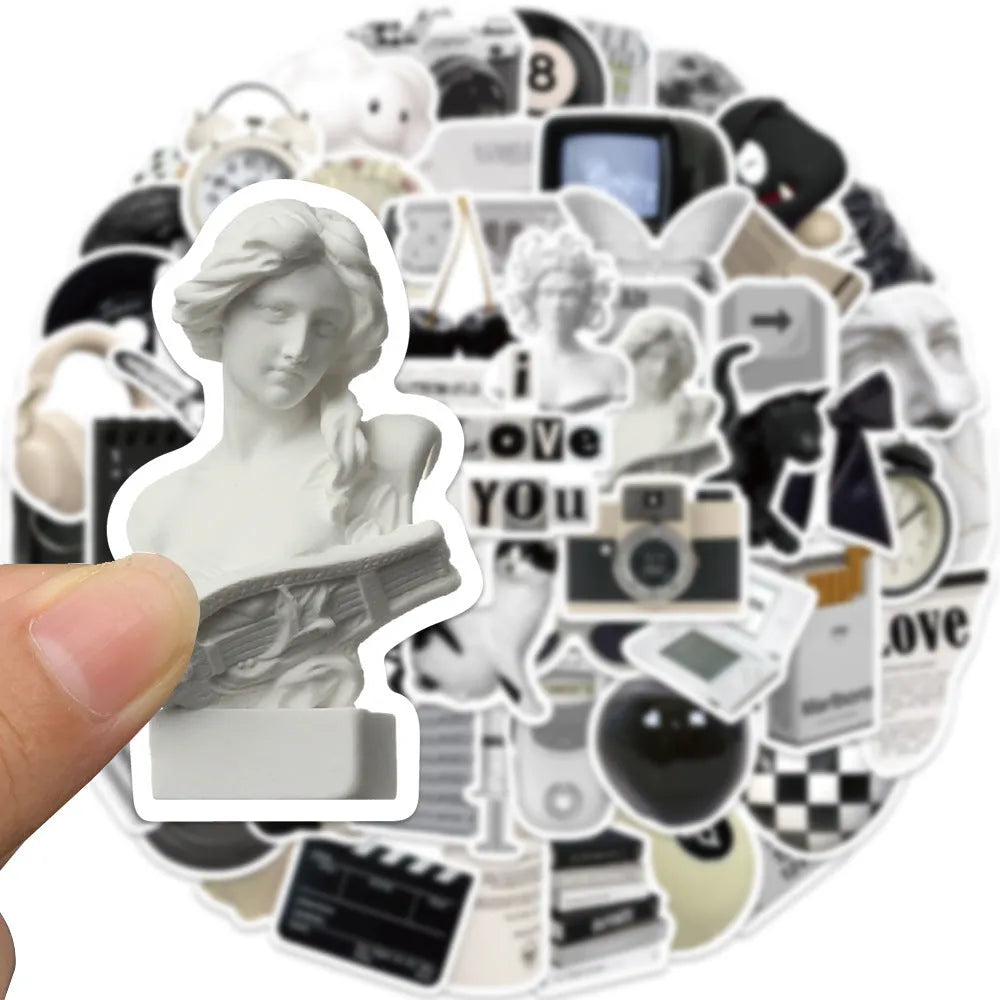 Black and white waterproof vinyl stickers pack with 61 pieces for laptop cup phone decoration