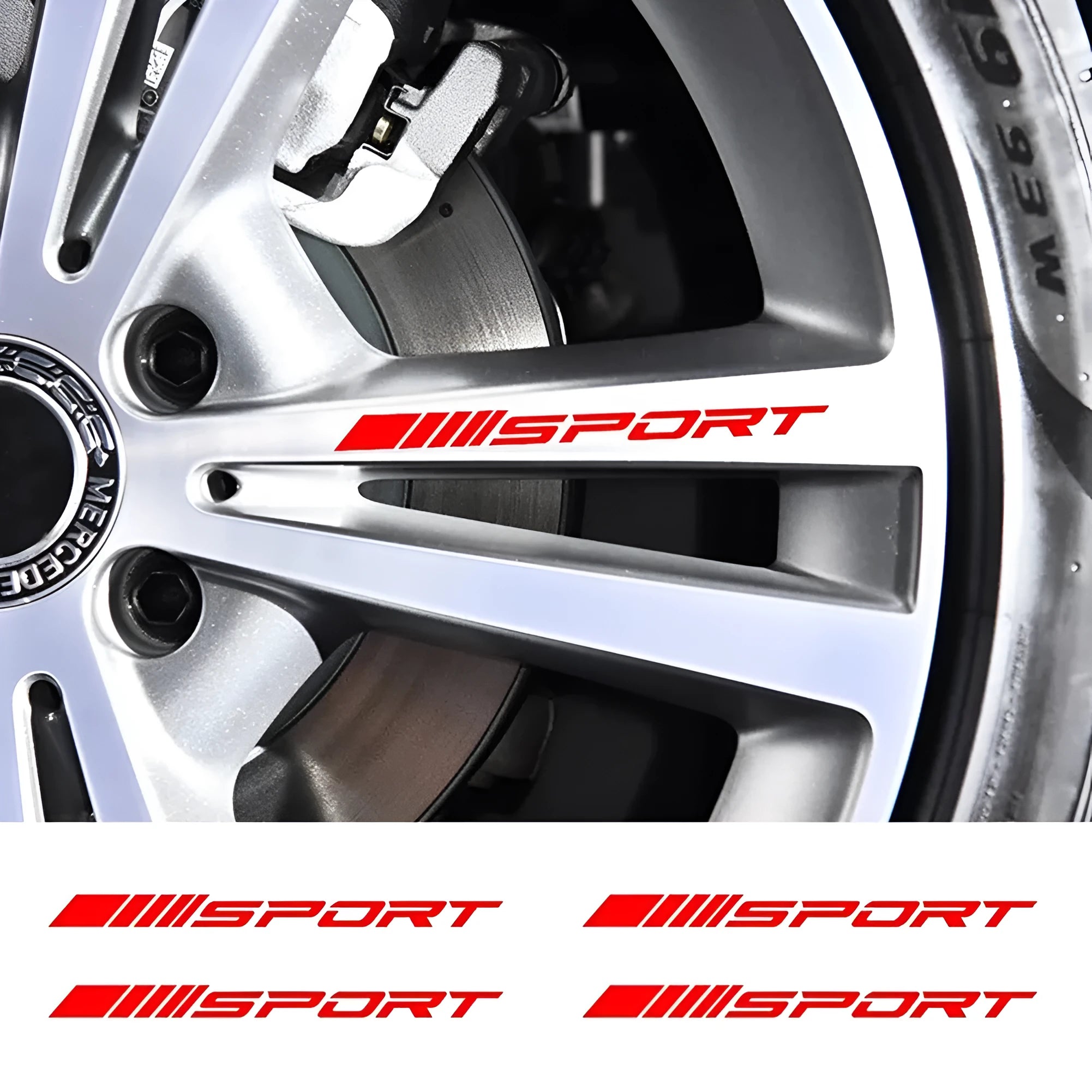 Hollow sports design car rim stickers in black, red, and white on PET vinyl sheet