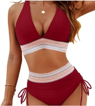 High waisted colour block bikini set with adjustable drawstring in polyester swimwear fabric