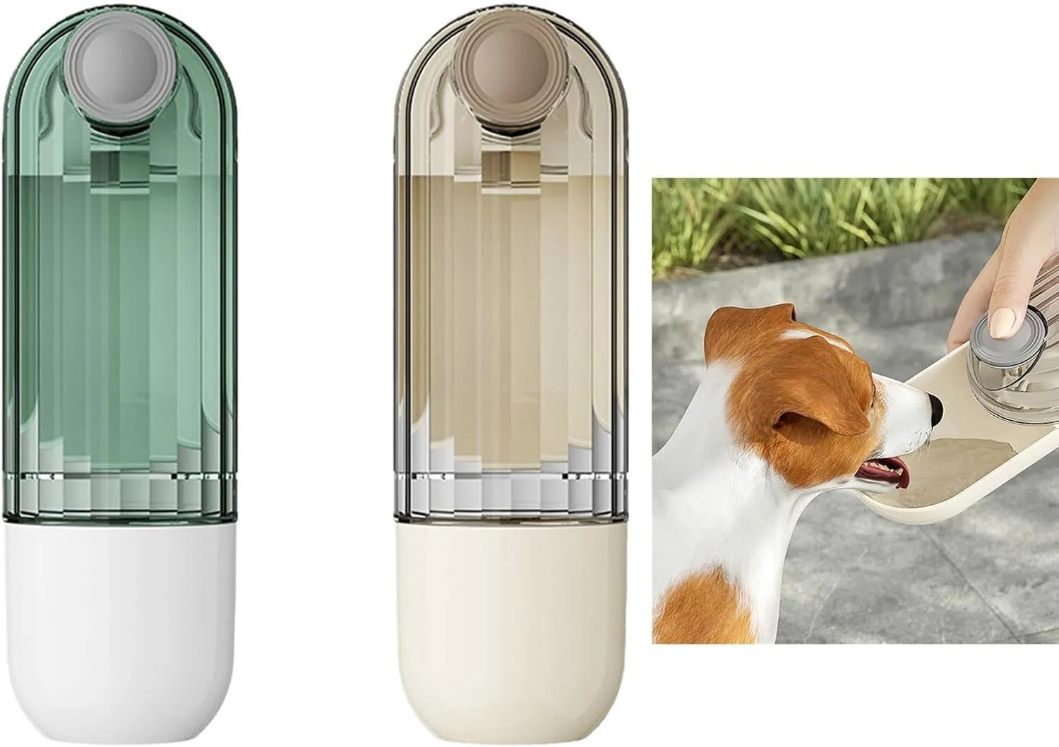 Beige foldable dog water bottle with food container at base, shown extended and collapsed.