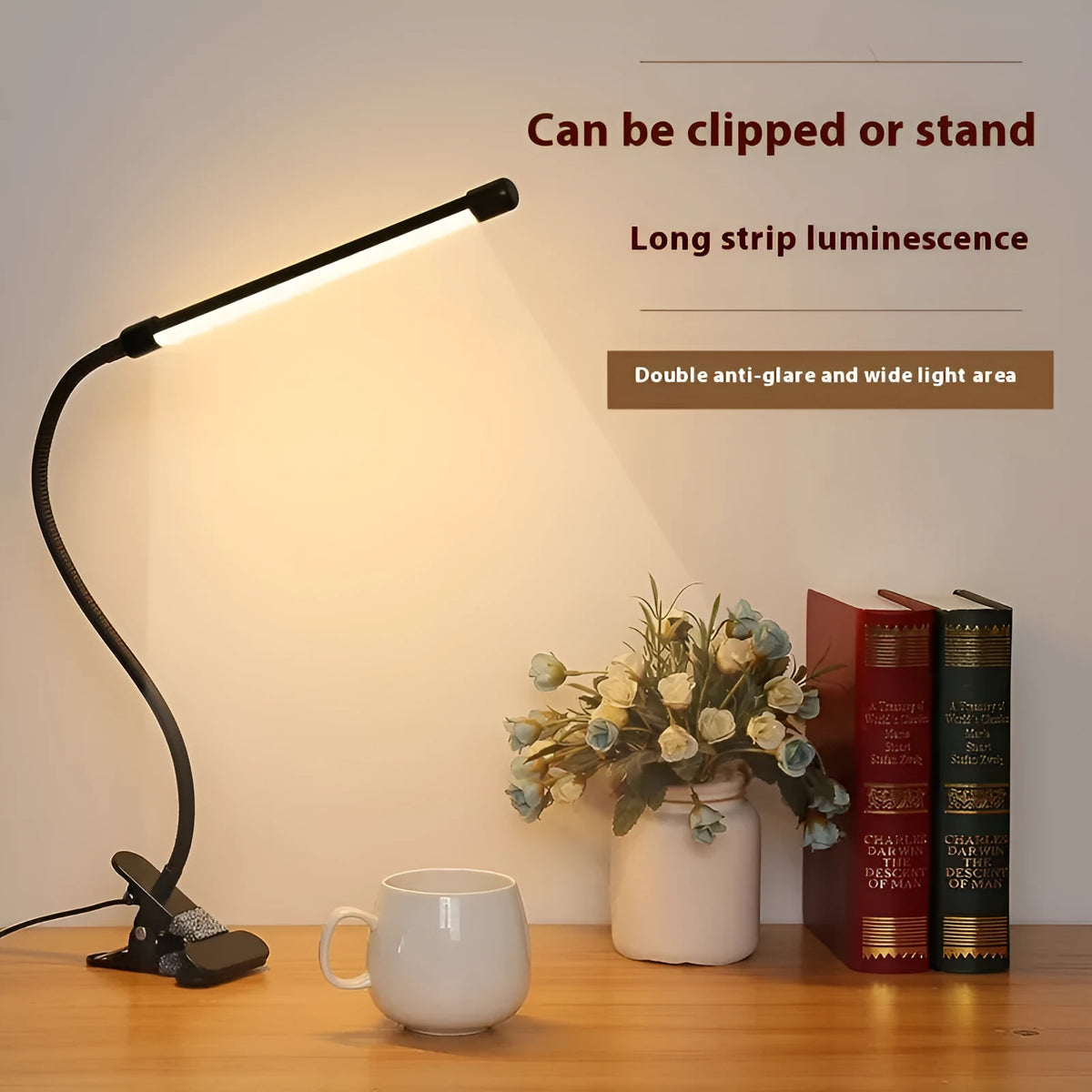 Black or white USB LED desk lamp with eye protection feature measuring 26 cm length