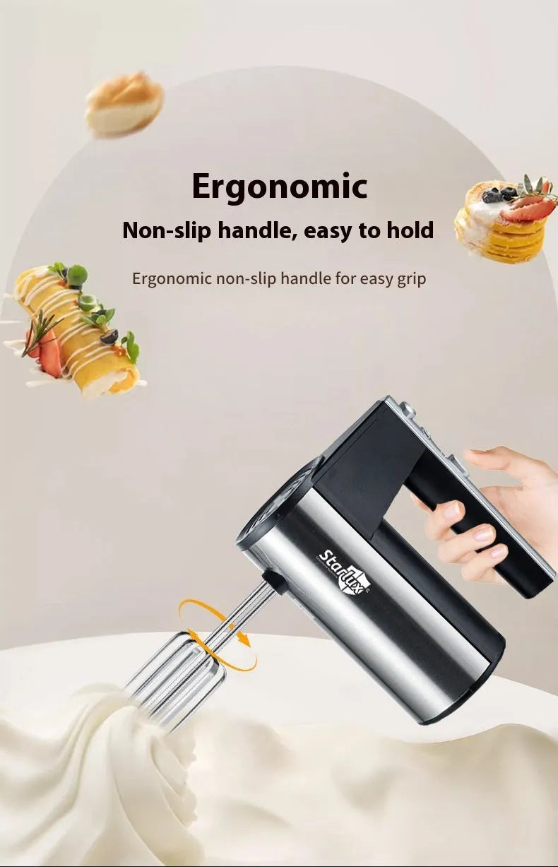 Handheld electric whisk mixer with speed control buttons and dual voltage compatibility