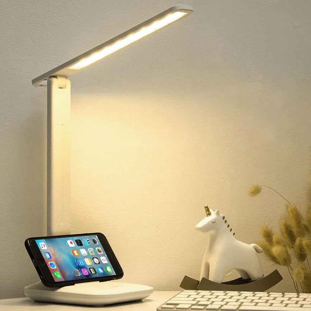 White USB rechargeable bedside lamp with touch dimming controls for children's bedrooms