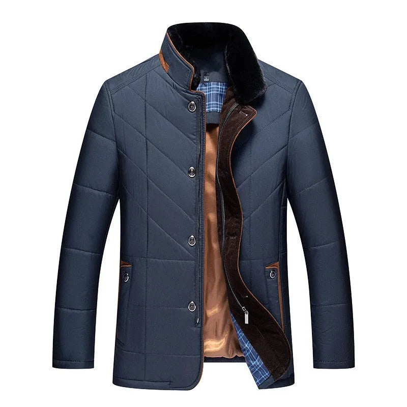 Men's dark blue short winter coat with side seam pockets and cotton-padded filler.