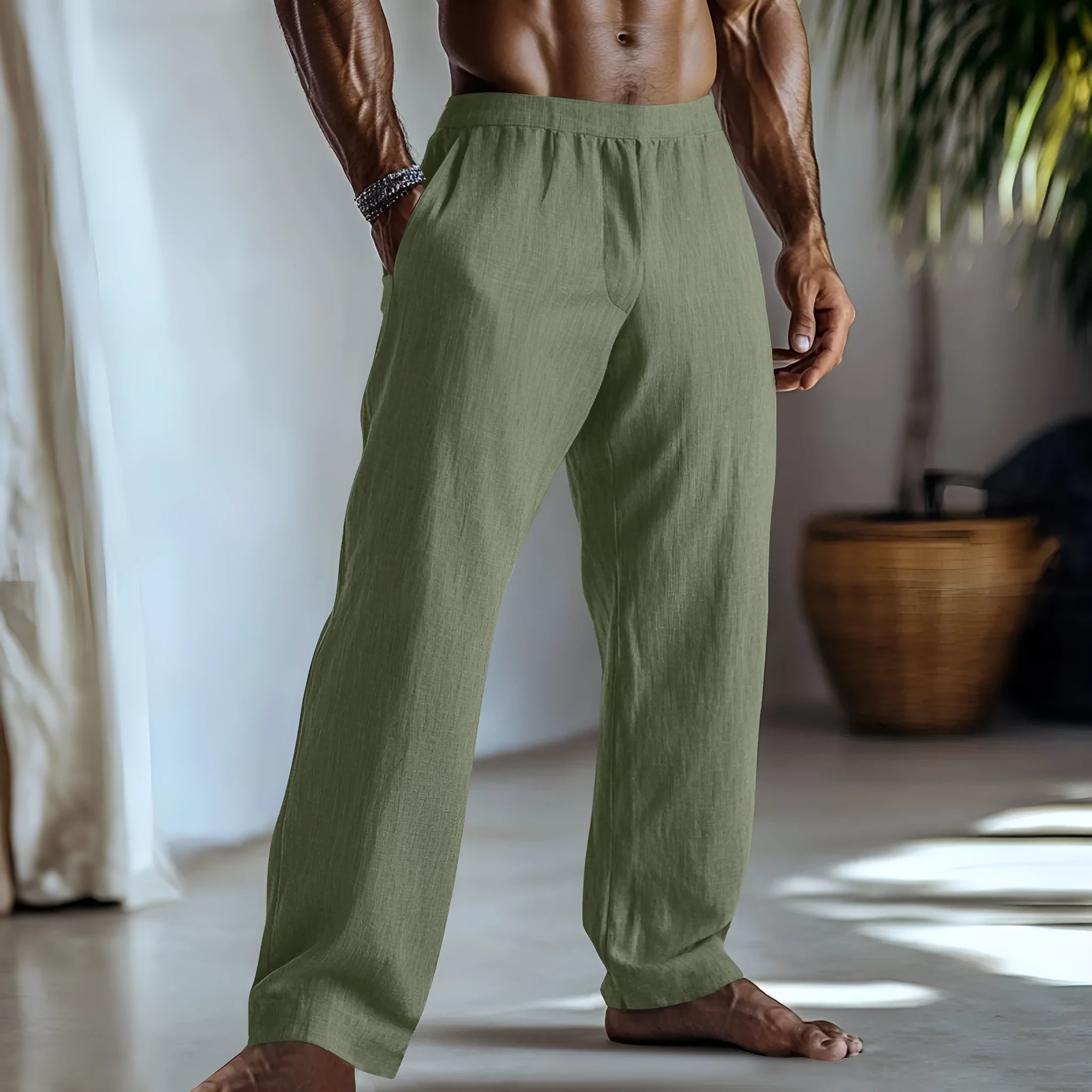 Straight-leg cotton linen trousers in British style with pockets in seven colour options