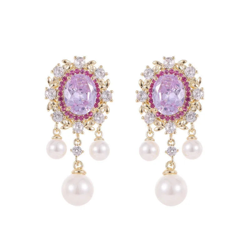 Oval geometric pearl tassel earrings with zircon inlaid stones in light purple colour