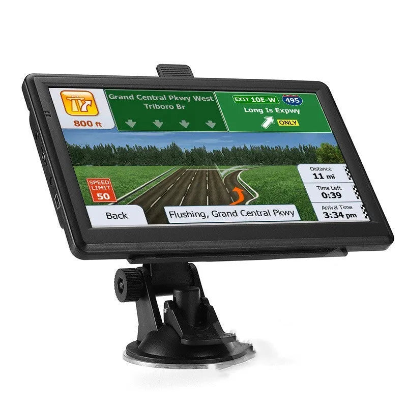A 7-inch portable car GPS navigation device showing a map on its HD screen, with a car charger and mounting bracket.