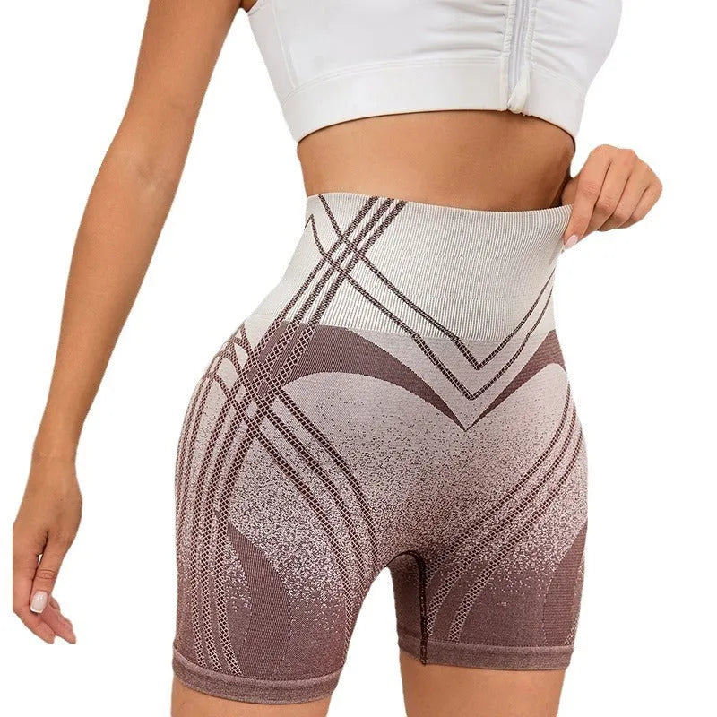 Women's high-waisted gradient fitness shorts in nylon-blend fabric with removable lining