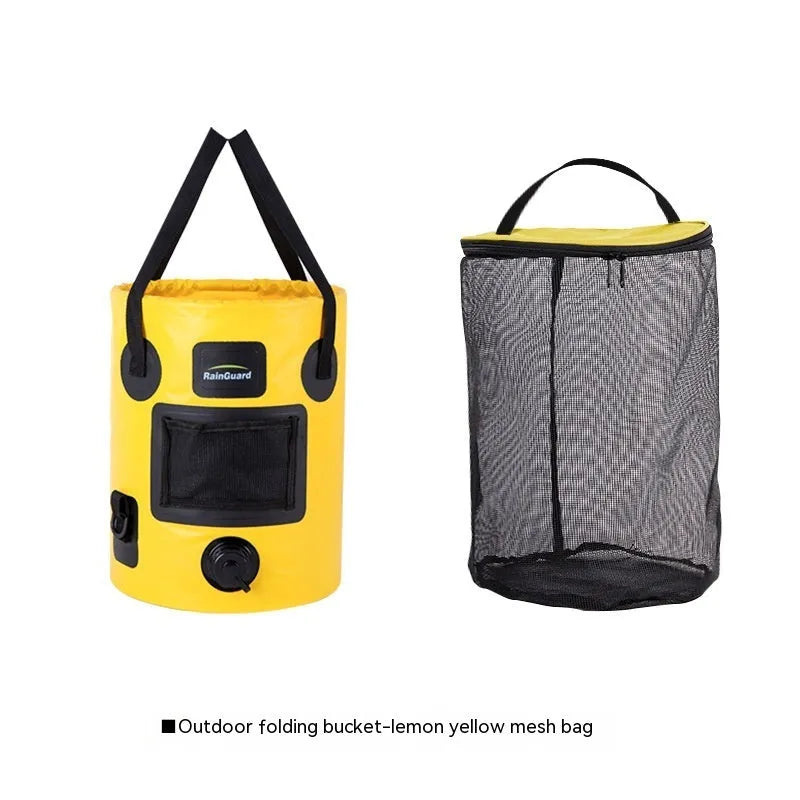 Lemon yellow 25-litre plastic folding fishing bucket showing its collapsible design and optional mesh pocket.