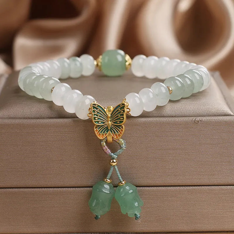 Green Tian Shan Cui abacus bead bracelet with crystal stones and retro butterfly charm tassel
