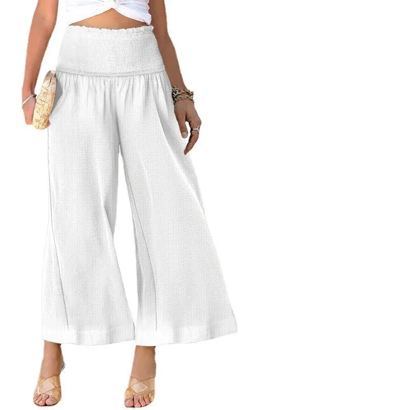 Women's high-waist pleated cotton casual trousers in a straight-leg cropped cut