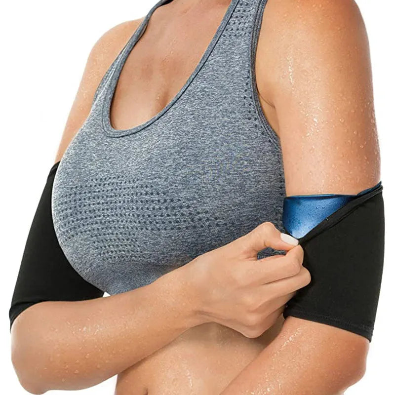 Blue and silver arm compression sweatbands shown in various sizes for sports and yoga.