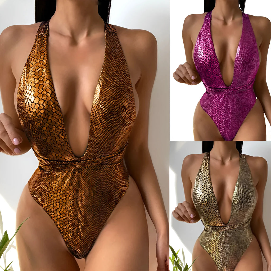 Women's solid colour sequined one-piece swimsuit or bikini on a mannequin.