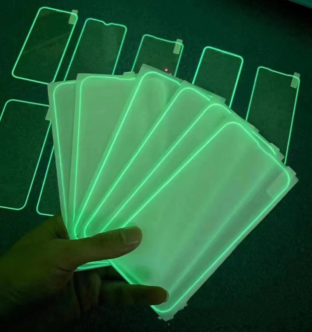 Fluorescent tempered glass screen protector for iPhone showing luminous glow in blue colour