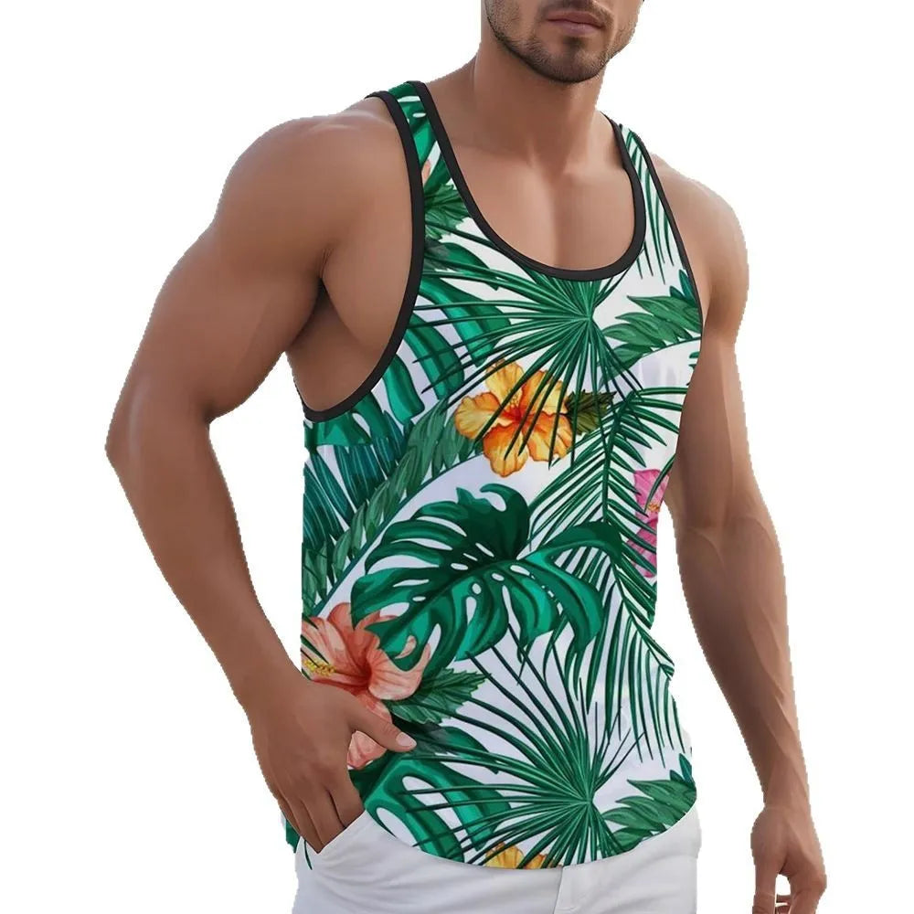 Men's 3D printed Hawaiian style sleeveless vest T-shirt in solid colour