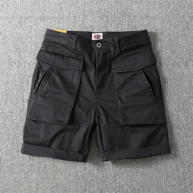 Men's straight cut cotton cargo shorts in army green with multiple pockets on the legs.