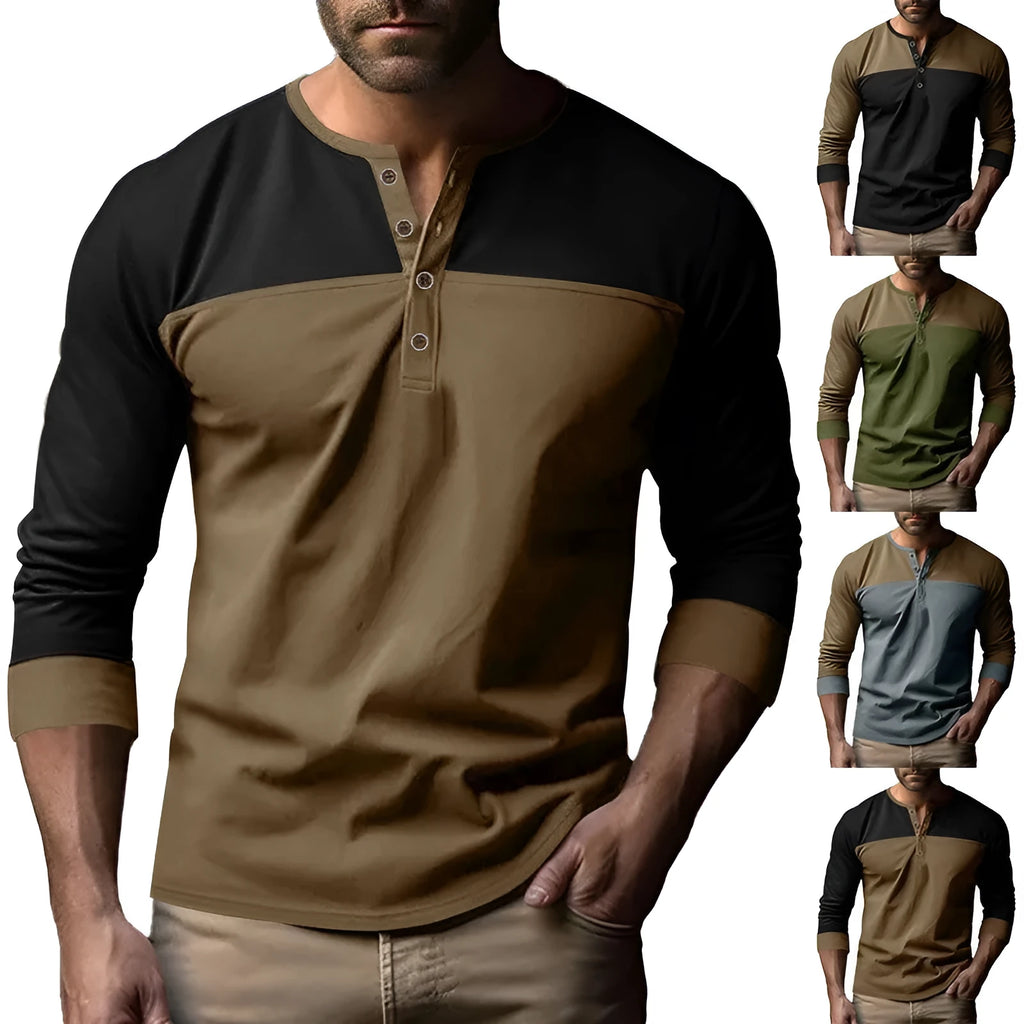 Long-sleeve Henry collar casual shirt in solid beaded twill fabric