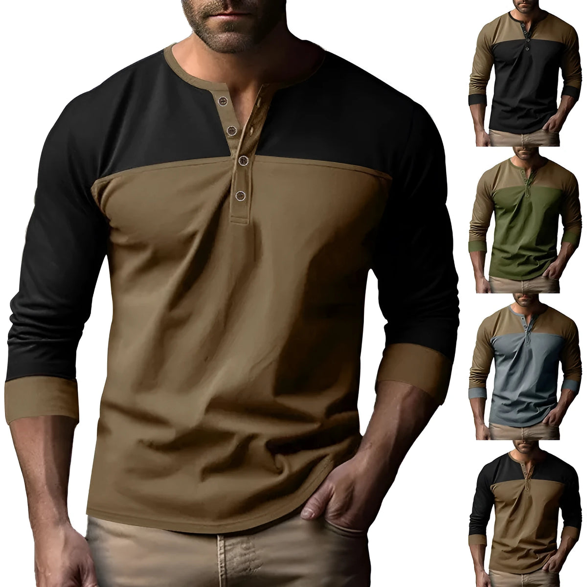 Long-sleeve Henry collar casual shirt in solid beaded twill fabric