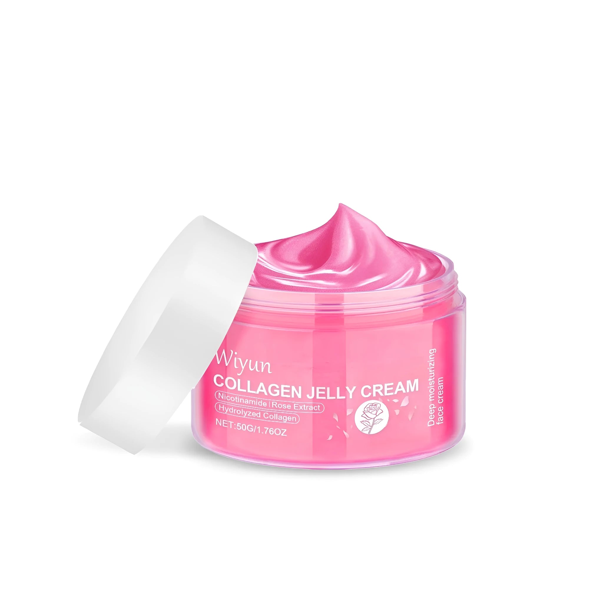 Jar of Collagen Rose Jelly Cream 50g with light gel texture