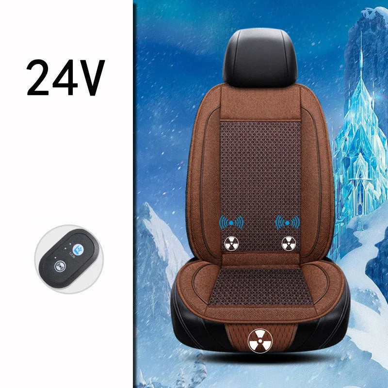 Black car ventilation massage seat cushion with power cord on vehicle seat